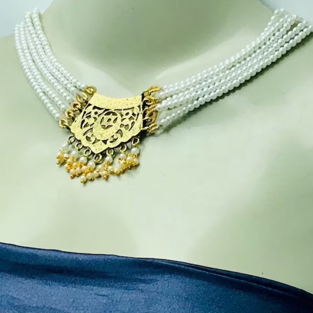 Pearls Beaded Chain Necklace With Big Golden Metal Motif, Handmade Beaded